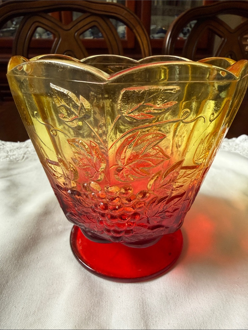 Yellow to Red Indiana Glass Compote Vase Harvest Grape Scalloped Rim Vintage